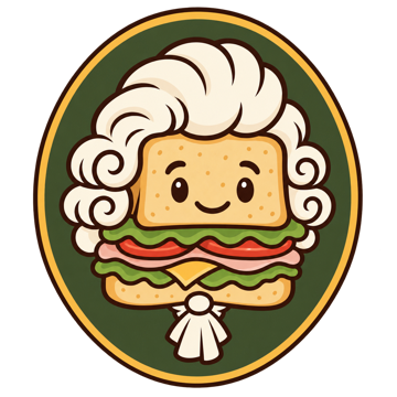 The Earl of Sandwich: a smiling sandwich in a powdered wig, inside an olive-green oval badge
